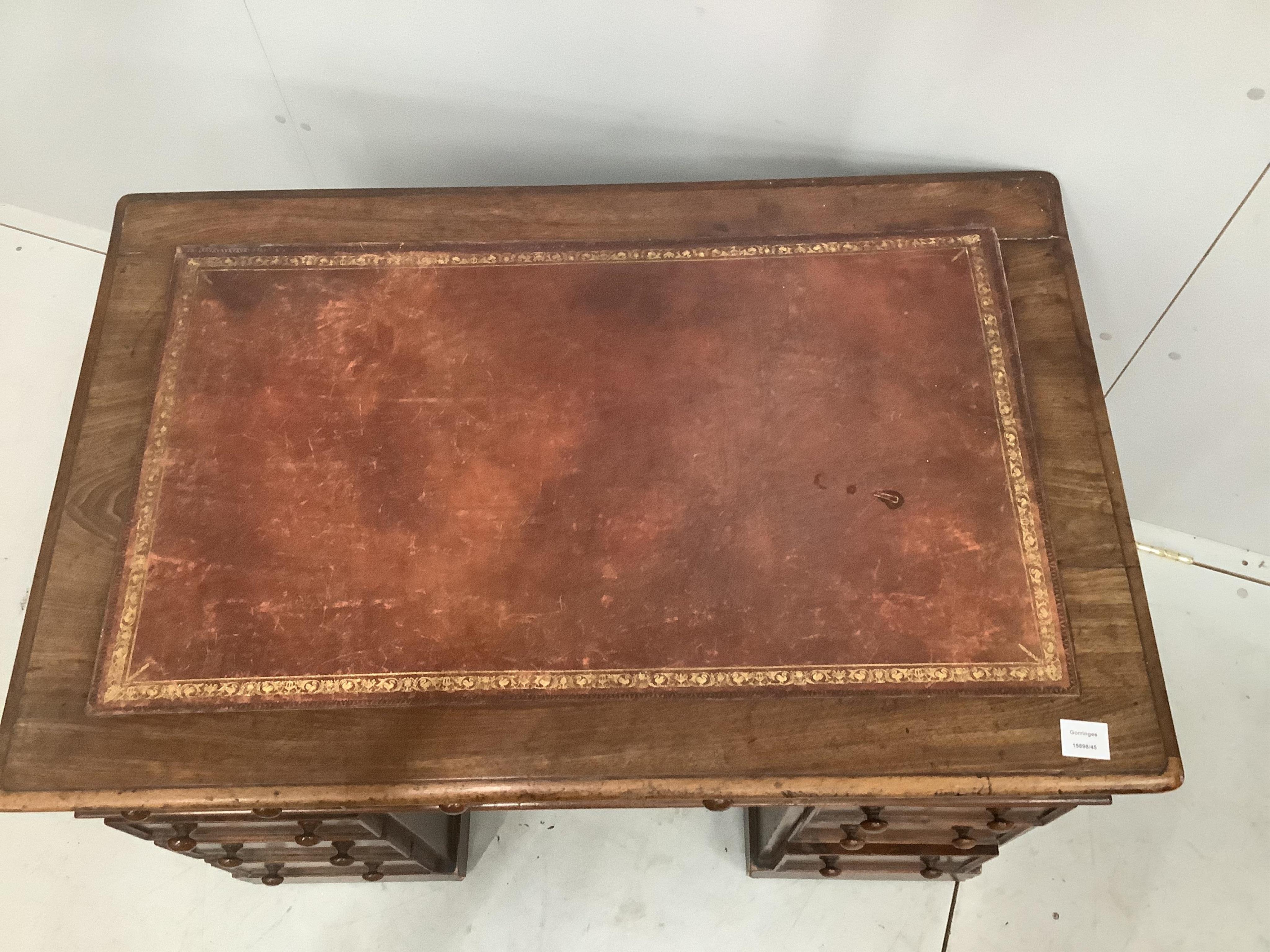 A Victorian mahogany pedestal desk, width 105cm, depth 67cm, height 74cm. Condition - fair